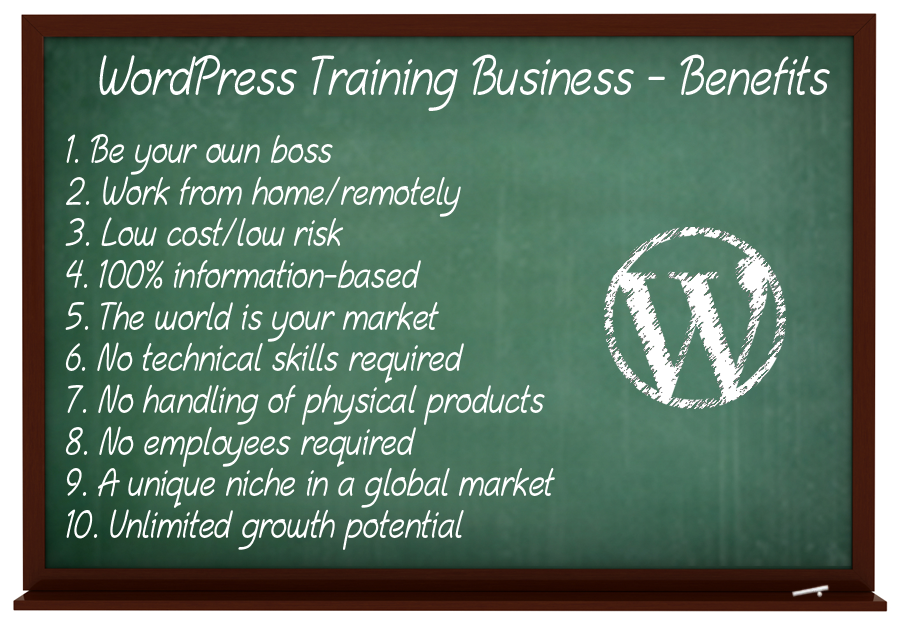 Image of blackboard with list of benefits of starting a WordPress training business.