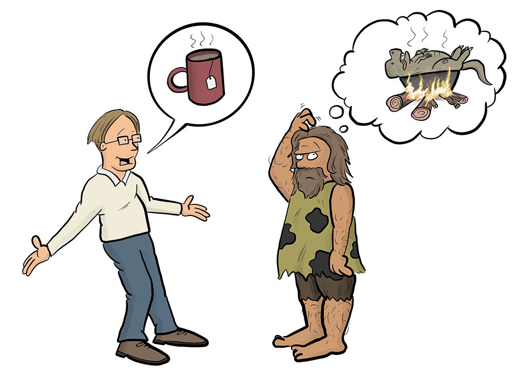 Cartoon of modern man explaining to a caveman how to make a cup of tea