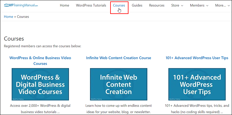WPTrainingManual.com - Courses section.