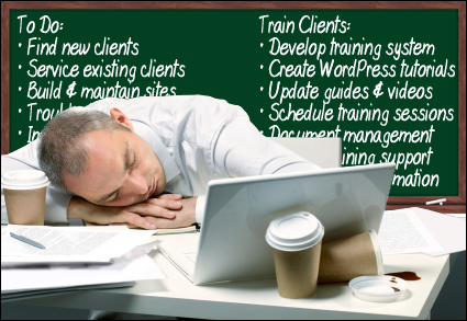 Image of business man fallen asleep on a messy desk with a blackboard behind listing many to-dos.